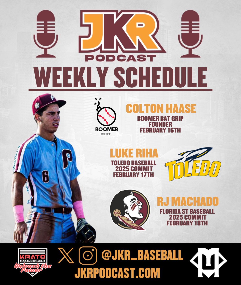 JKR_Baseball's tweet photo. ‼️ WEEKLY SCHEDULE‼️

🔴 @Boomerbatgrip Founder @ColtonHaase 
🟠 2025 Toledo Baseball Commit @riha_luke 
🔴 2025 Florida St Commit RJ Machado

🎧 Apple Podcast &amp; Spotify https://t.co/QRL0TU9YGA