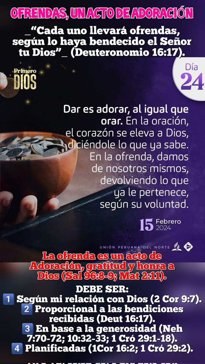 IsaiLevano's tweet photo. DÍA 24 | OFRENDAS, UN ACTO DE ADORACIÓN
📖 _“Cada uno llevará ofrendas, según lo haya bendecido el Señor tu Dios”. Deuteronomio 16:17_

Nuestras afrendas al Señor debe ser de manera sistemática y según como Dios no haya prosperado. Esto también es adoración. 

#PrimeroDios #RID https://t.co/XEyzEbt473