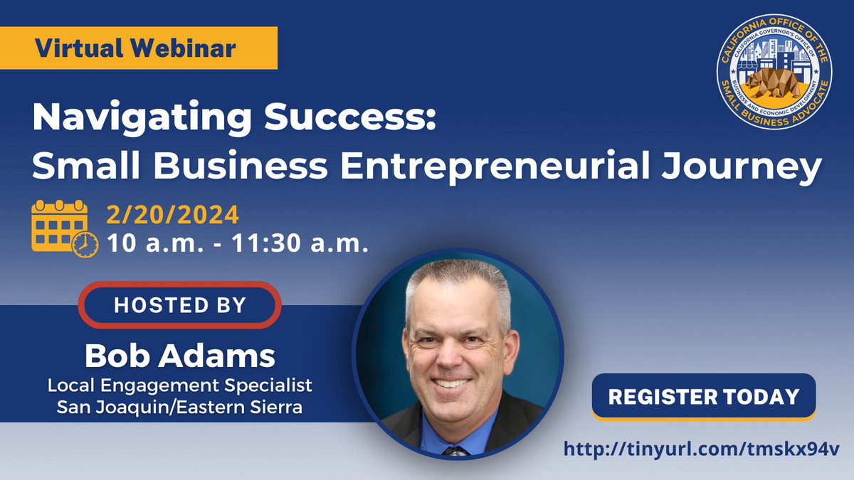 If your small business or startup is looking for small business resources, join CalOSBA's Local Engagement Specialist, Bob Adams, for a virtual webinar on February 20, 2024, from 10 a.m. to 11:30 a.m. Save your seat and register today!​ tinyurl.com/tmskx94v