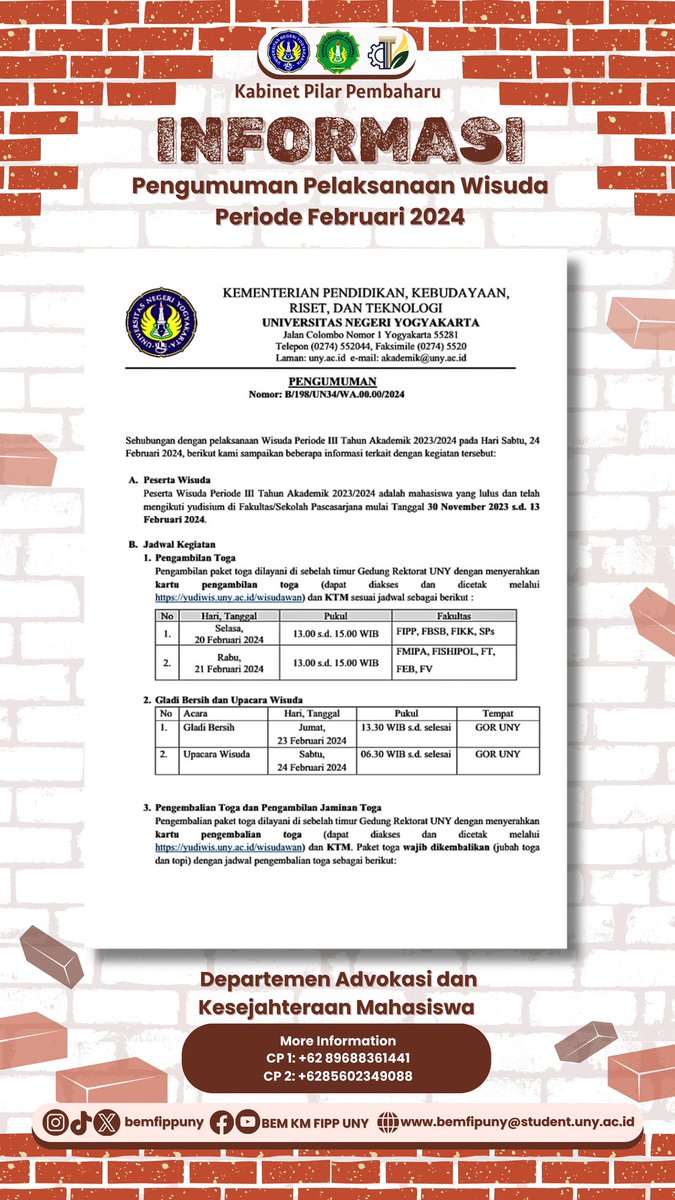 INFORMASI PENGUMUMAN PELAKSANAAN WISUDA PERIODE FEBRUARI 2024