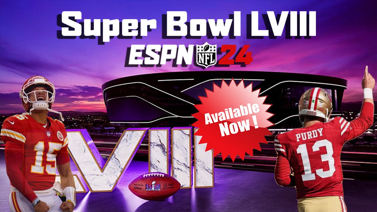 NFL 2K24 Super Bowl LVIII Mod is Available Now! 

Have fun Reliving this years Super Bowl LVIII matchup in NFL 2K24 Mod!! 

youtu.be/5MO3-Q99T_M