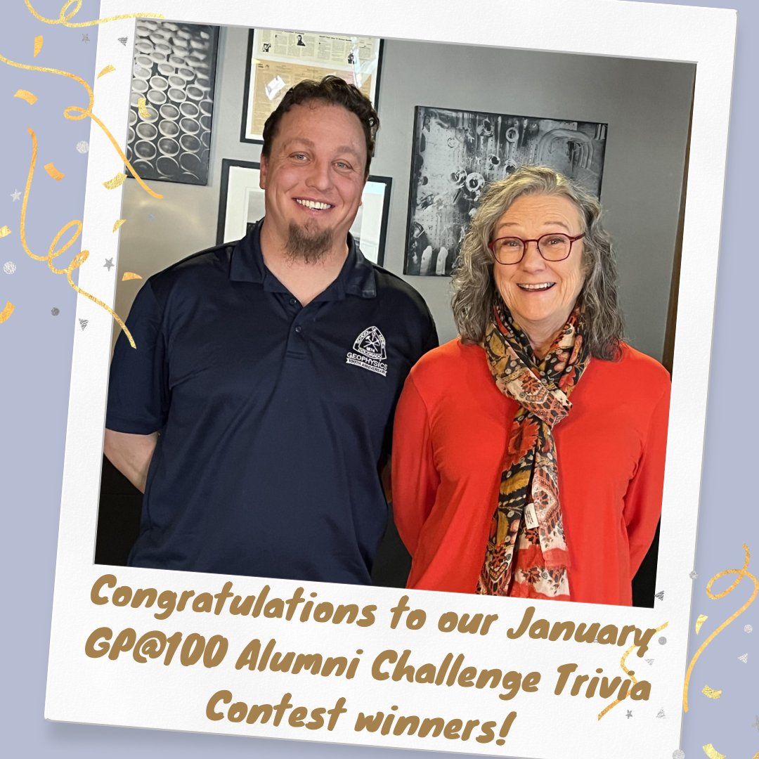 @MinesGeophysics would like to congratulate Aaron Girard ('07) and Nancy House ('79) who tied as our January GP@100 Alumni Challenge Trivia Contest winners! 🎉 Although the contest is over, you can still try your hand at the trivia quiz here: tinyurl.com/43juxhhr