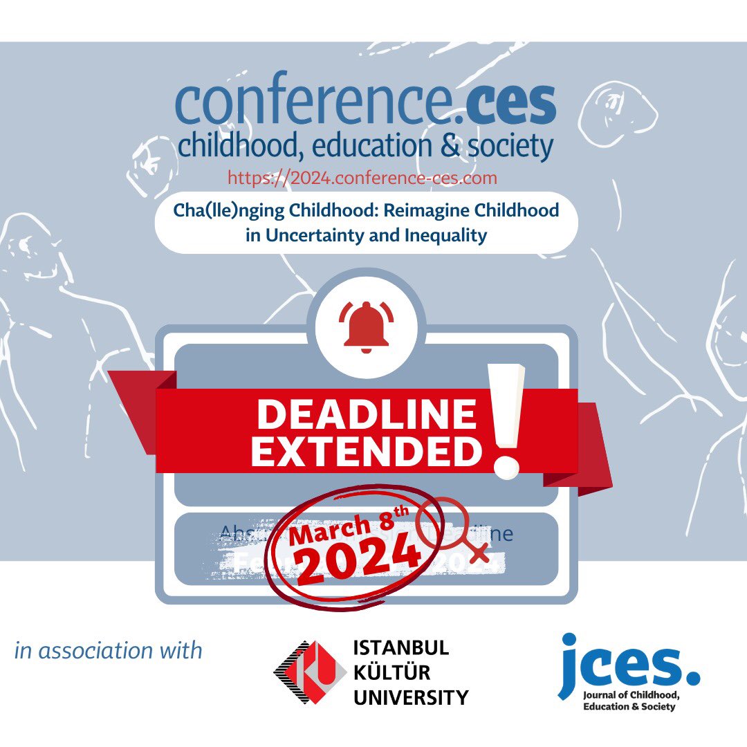 ConferenceCES's tweet photo. 🚨[Announcement]🚨

#ConferenceCES abstract submission deadline is extended. New deadline is 08 March 2024! 
Save the date and don’t miss the deadline! 
Find out more: https://t.co/AI6SG2OhlR 

#ChallengingChildhood #ChangingChildood #abstract #deadline #earlyyears #children https://t.co/5DcI60JLxW