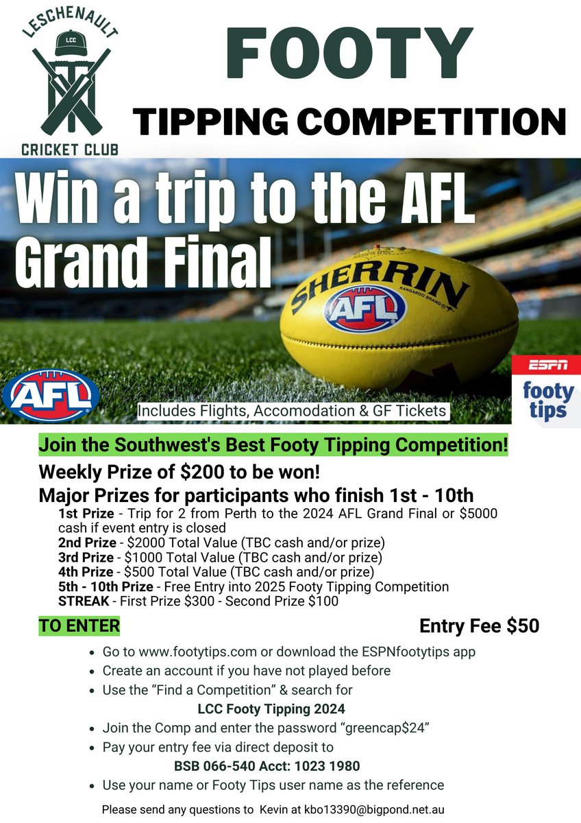LCCGreenCaps's tweet photo. It's back for the 11th time. Who will be the 9th couple to win a package to the AFL Grand Final ?
Weekly prizes of $200 ........... all for a $50 entry https://t.co/FXcgIr3oZ5