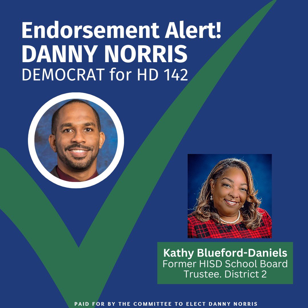 I am immensely grateful to Kathy Blueford-Daniels, former HISD elected school board trustee for her endorsement.

I stand with her as she opposes this harmful state takeover and privatization. I stand with her to speak out for voting rights and for more equity in our communities.