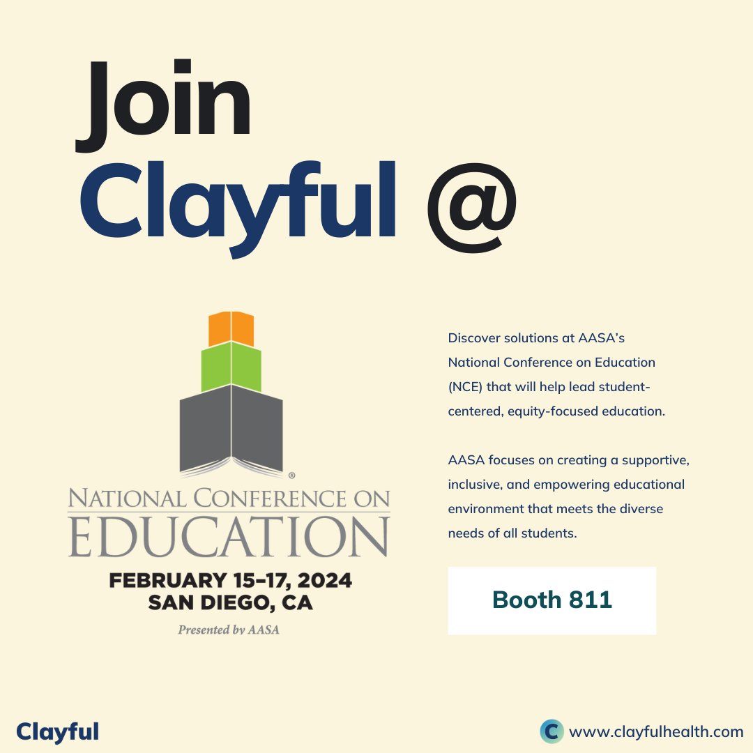 Clayful is so excited to be a part of @AASAHQ National Conference on Education in San Diego, CA from February 15-17.  

We are here for the kids and teachers! 📚 

Come join us at Booth 811 & at the Health & Wellness Booth💛 #NCE2024 #AASA2024 #Teachersolutions #hereforthekids