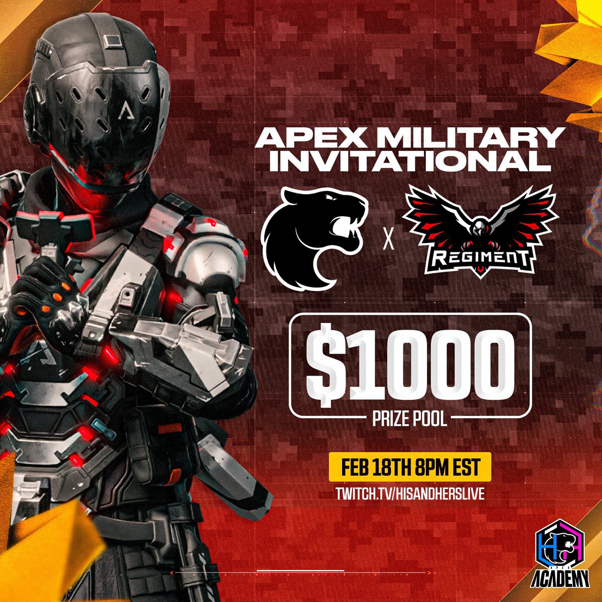 This Sunday we are hosting a $1,000 Apex Legends Tournament with <a href="/FURIA_USA/">FURIA USA 🇺🇸</a> &amp; <a href="/HisandHersLive/">HisandHersLive</a>! 🫡 

(20) #Military Service Members &amp; Veterans were selected as captains and are drafting other #Veterans as teammates. 

Who still needs a spot in the tournament? 👀