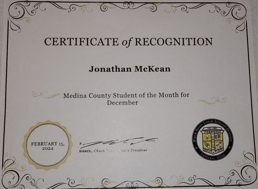 Tonight <a href="/JonathanMcKean2/">Jonathan McKean</a> was recognized at the Black River board meeting for being December Medina County Student of the Month. Way to get it done on and off the field.  <a href="/JAMphotos4you/">Julie Mckean</a> and I love you buddy! Very proud parents. Keep up the great work!