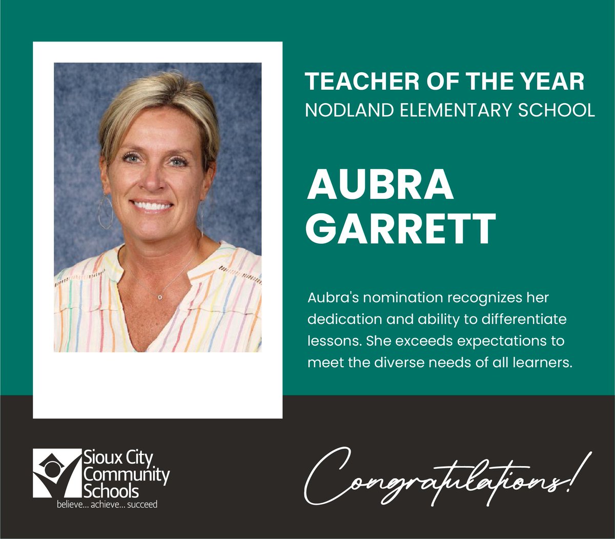 This month, the #SCCSD is recognizing building nominees for the annual "Teacher of the Year" Award! 🍎📚🍎

Help us honor our very own Aubra Garrett for earning this outstanding distinction for Nodland Elementary. Congratulations!