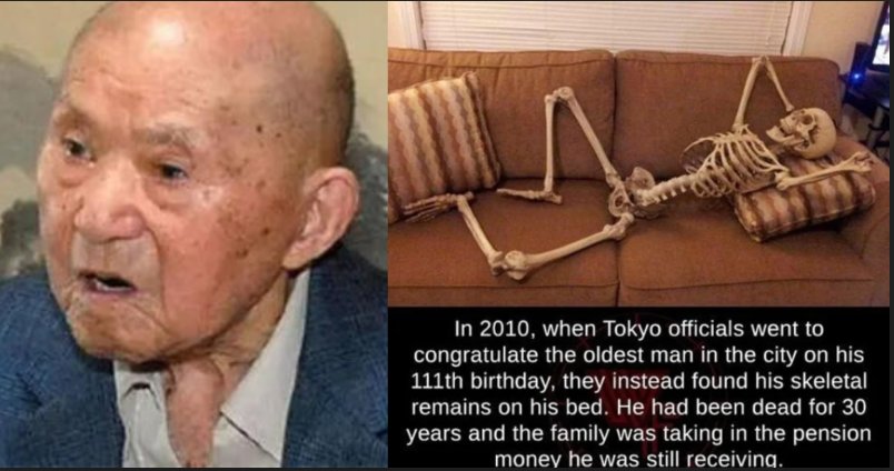 WolfofX's tweet photo. He was thought to be the oldest man in Tokyo - but when officials went to congratulate Sogen Kato on his 111th birthday, they uncovered mummified skeletal remains lying in his bed.

Mr Kato may have been dead for 30 years according to Japanese authorities.

Welfare officials had tried to meet Mr Kato since early this year. But when they went to visit, family members repeatedly chased them away, according to Tomoko Iwamatsu, an Adachi ward official.

Authorities grew suspicious and sought an investigation by police, who forced their way into the house

Mr Kato's relatives told police that he had "confined himself in his room more than 30 years ago and became a living Buddha," according to a report by Jiji Press.

But the family had received 9.5 million yen ($109,000: £70,000) in widower's pension payments via Mr Kato's bank account since his wife died six years ago, and some of the money had recently been withdrawn.

The pension fund had long been unable to contact Mr Kato.

"His family must have known he has been dead all these years and acted as if nothing happened. It's so eerie," said Yutaka Muroi, a Tokyo metropolitan welfare official.