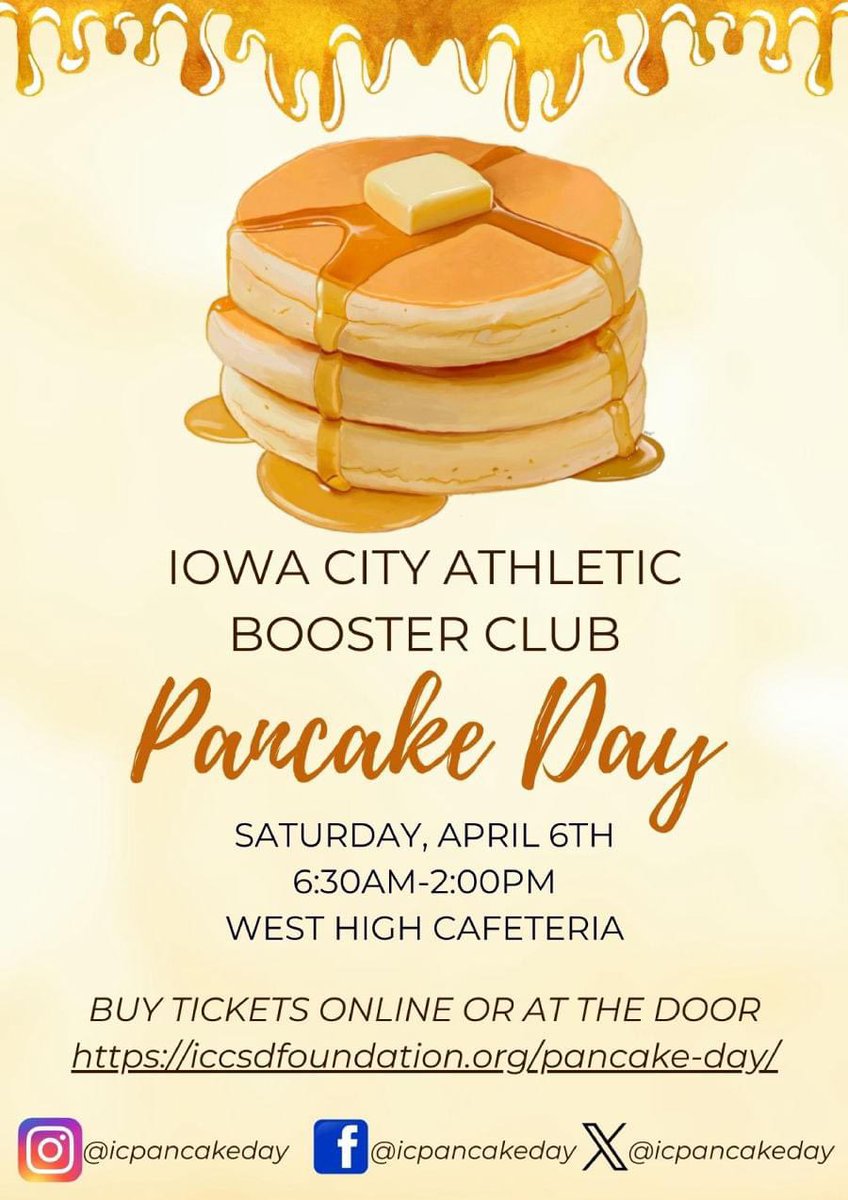 Mark your calendars for April 6th to support our <a href="/ICPancakeDay/">IC Pancake Day</a>. The Pancake Day fundraiser plays a pivotal role in generating funds to support student athletes, coaches, and athletic programs for <a href="/IowaCitySchools/">Iowa City Schools</a>. 

Purchase your tickets at: iccsdfoundation.org/pancake-day/.