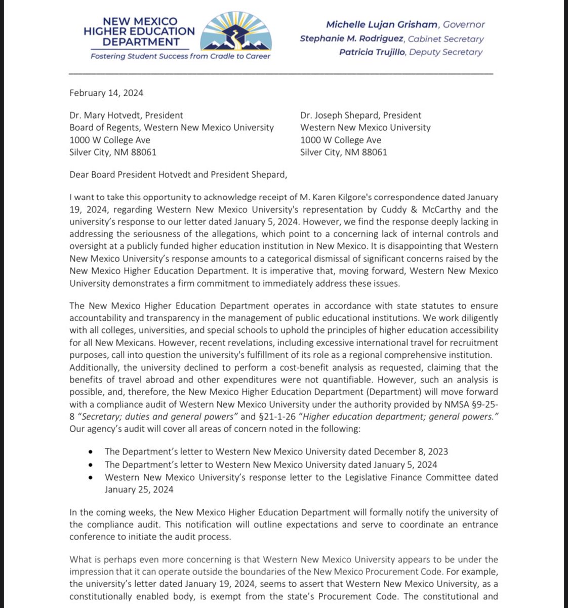 MrJoshuaBowling's tweet photo. BREAKING: In letter to @WNMU, Higher Ed Dept Secretary says the university’s response has been “deeply lacking in addressing the seriousness of the allegations” 

@nmhighered will mandate a “compliance audit” regarding the issues raised in my reporting and in WNMU’s response(s) https://t.co/WK7UyEVfd5