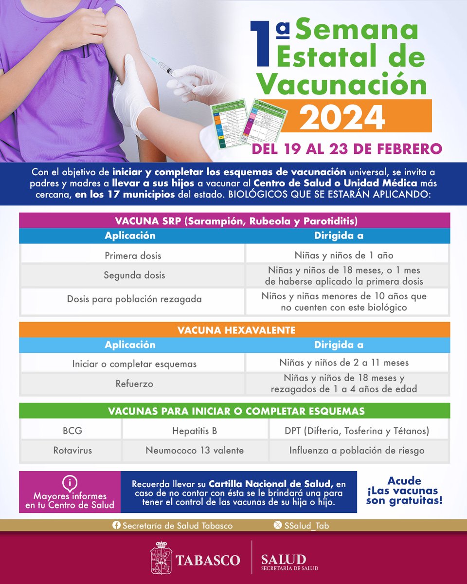 SSalud_Tab's tweet photo. Invitamos a todos los padres y madres de familia a que lleven a sus hijos a iniciar o completar esquemas de vacunación universal en su Centro de Salud o Unidad Médica más cercana, durante la #PrimeraSemanaEstatalDeVacunación2024.
¡No se te olvide llevar sus Cartillas de Salud!. https://t.co/a8QfkeBNEt
