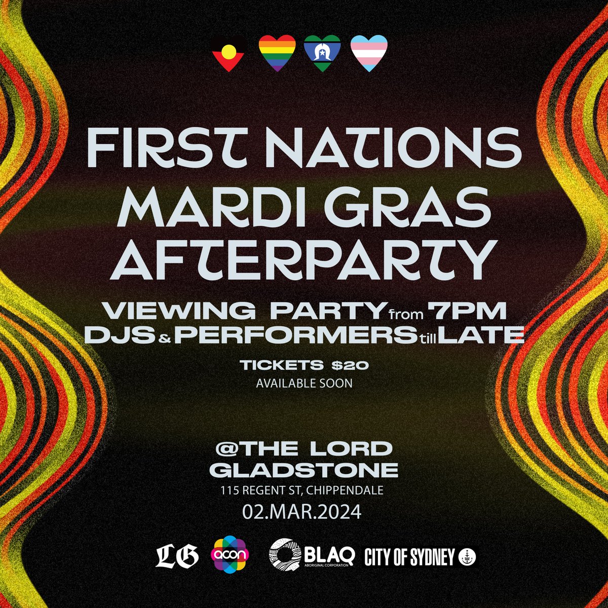 SAVE THE DATE! BlaQ and ACON are thrilled to present the 2024 First Nations Mardi Gras Afterparty!! Stay tuned to our socials for more details and mark those calendars for the best 2024 Sydney Gay and Lesbian Mardi Gras kick on event!