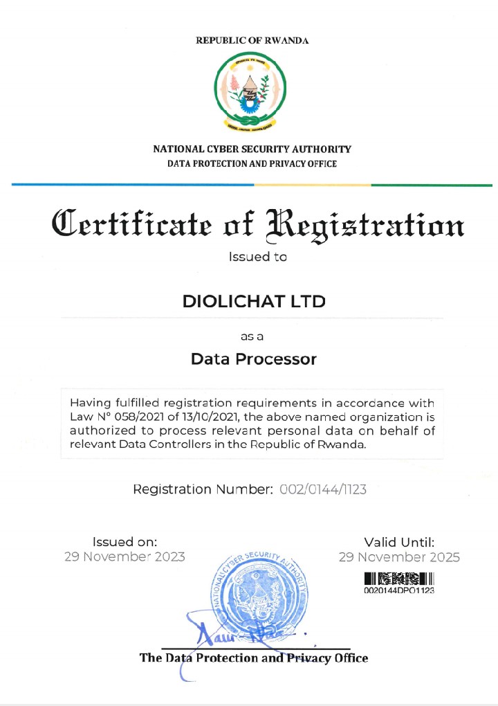 Exciting news! #DIOLICHAT  is  officially registered as a Data Processor by the National Cyber Security Authority Data Protection and Privacy Office. 🎉 We're committed to upholding the highest standards of data protection. #dataprotection #TekanaOnline