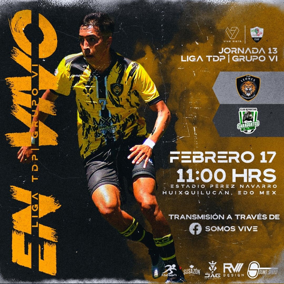 #ViveSiete
<a href="/LigaTDP/">Liga TDP</a>
 G6/Jornada 13
Leones Huixquilucan Vs Club Deportivo Saraguatos de Palenque

🏟 Estadio Alberto Pérez Navarro
🗓️ Sábado 17 de febrero 11 h

En vivo a través de: 📱🔴🔵 facebook.com/ViveSieteMex/

Patrocinador oficial

#SuSazón
#JAGSportsWear
#RVDesign
#SoundSpeed