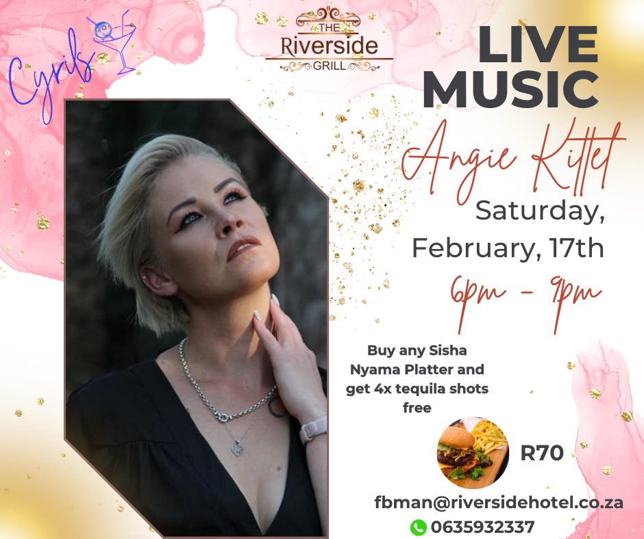 Don't forget to book your tables for tomorrows live music with #angiekittel from 6pm - 9pm. Contact fbman@riversidehotel.co.za or whatsapp 063 593 2337. See you there! #riversidegrill #burgerandchips #livemusic #saturday #SaturdayVibes