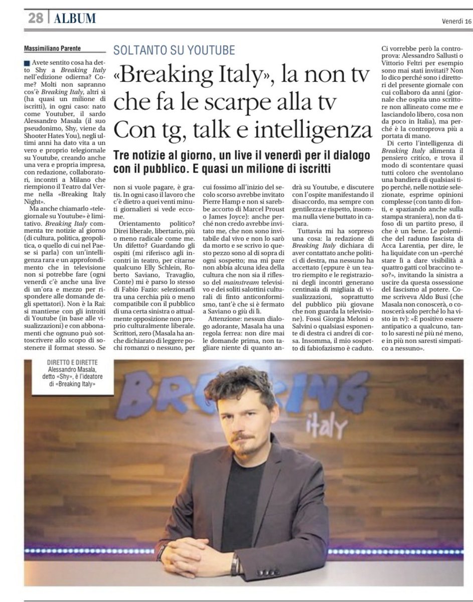Se non conoscete Breaking Italy non sapete cosa vi perdete. Il mio elogio di @ShooterHatesYou oggi sul Giornale. #breakingitaly