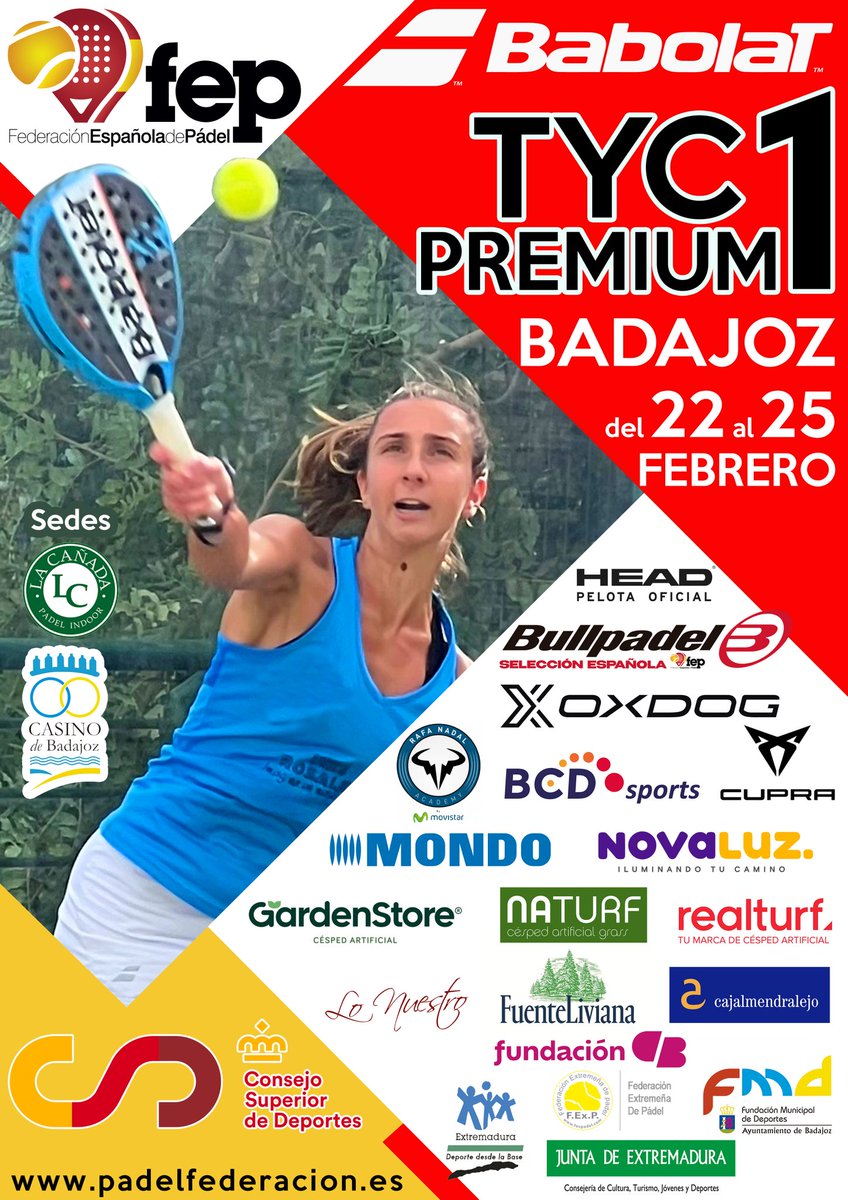 padelfederacion's tweet photo. ⏳ Queda ☝🏽 semana para que la primera cita premium del Circuito Nacional de Menores @babolatpadel arranque en Badajoz
🔜 𝐓𝐲𝐂 𝐏𝐫𝐞𝐦𝐢𝐮𝐦 𝟏
🗓 23 - 25 de febrero
📌 Padel Indoor La Cañada || Casino de Badajoz
ℹ https://t.co/iZVqjiCnZH
🤝🏽 @fexpadel
#FEP #TyCPremium1 https://t.co/dn0r7GIJ0j