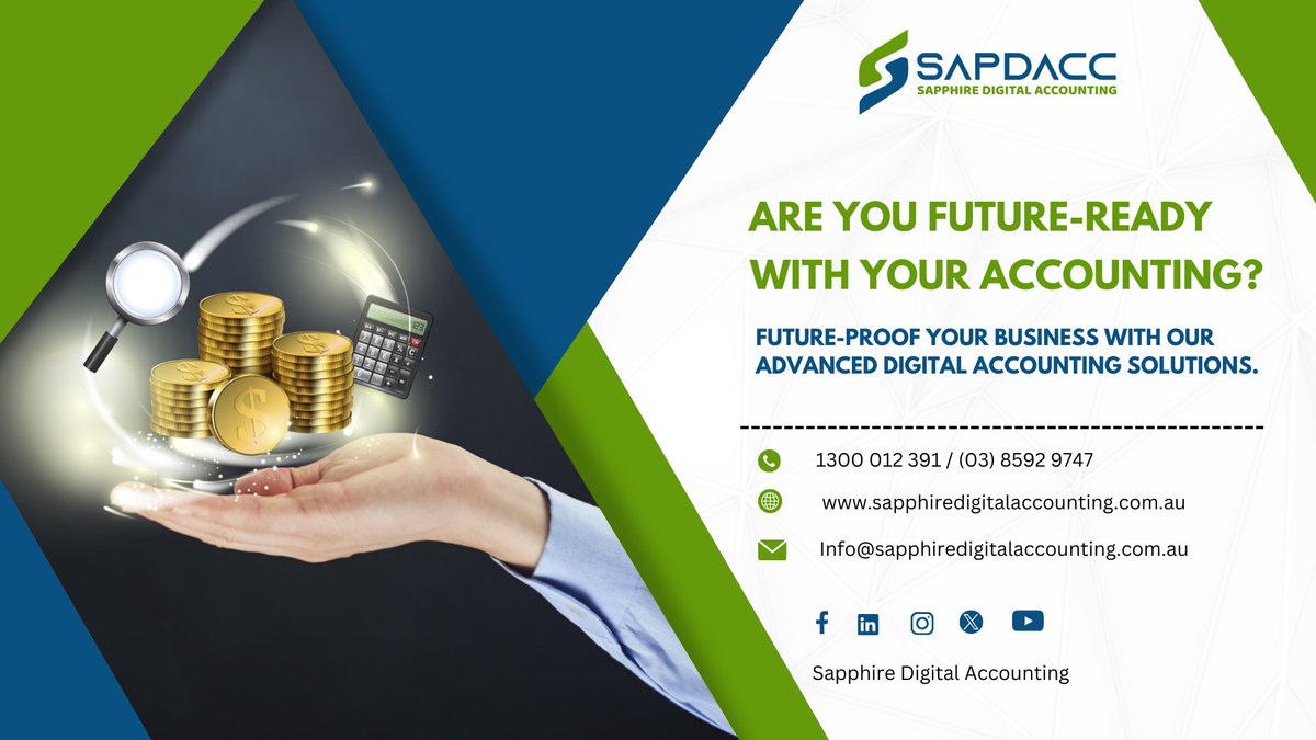 SapphirePty's tweet photo. Future-proof your business with our advanced digital accounting solutions. Prepare for tomorrow with automated, efficient and reliable services.
Visit our website: https://t.co/5SHtN8dNeh

Dial now: 1300 012 391 I (03) 8592 9747

#FutureReadyAccounting #AutomatedServices https://t.co/tK57cbZMma