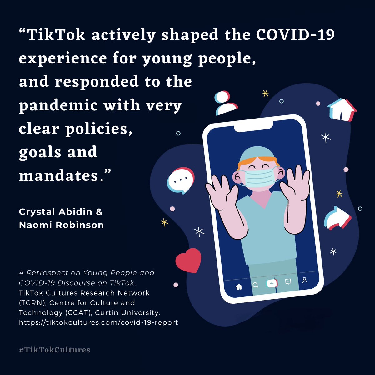 Our latest report, ‘A Retrospect on Young People and COVID-19 Discourse on TikTok’ by @wishcrys & @NaomiEIR, summarises findings from a series of TCRN projects that focused on pandemic-related discourses by young people on Tiktok: tiktokcultures.com/covid-19-repor… ✨ #TikTokCultures