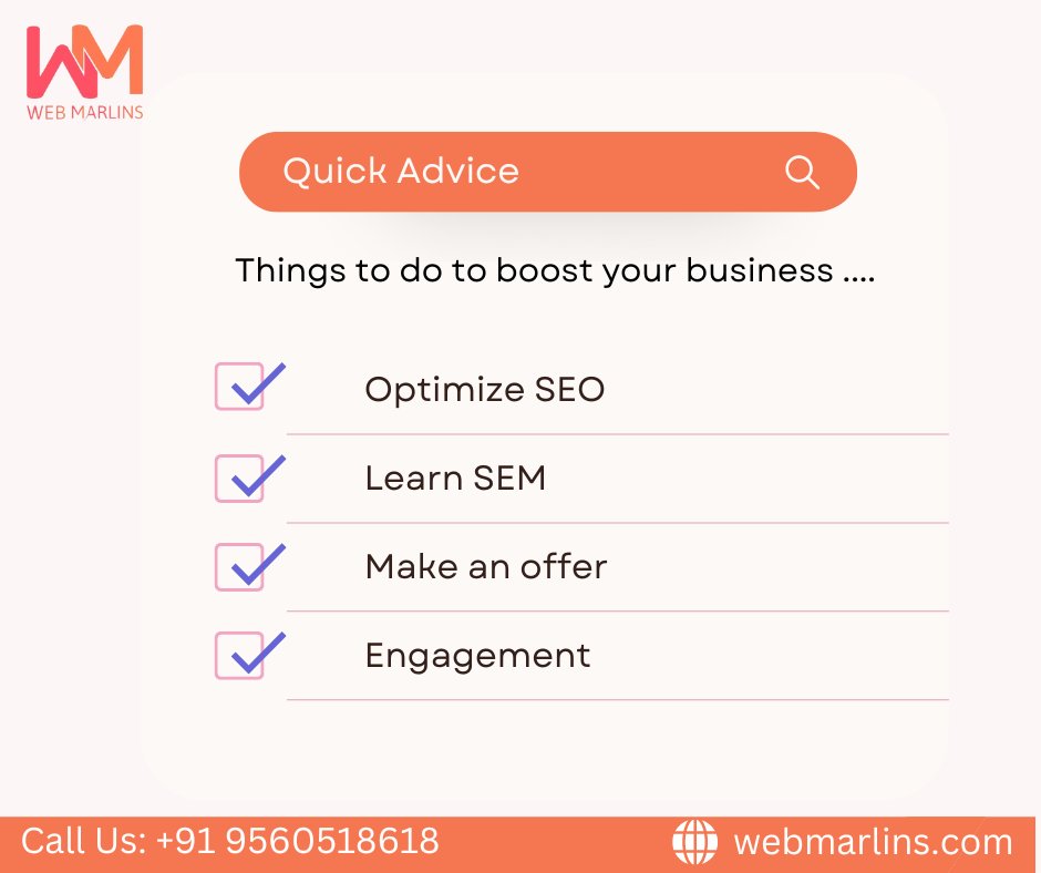 Unlock business growth with these essential tips! From enhancing your online presence to optimizing strategies, let's boost your business together.
#webmarlins #boostbusiness #seo #sem #digitalmarketingagency #digitalexpert #offer #engagement #contactus