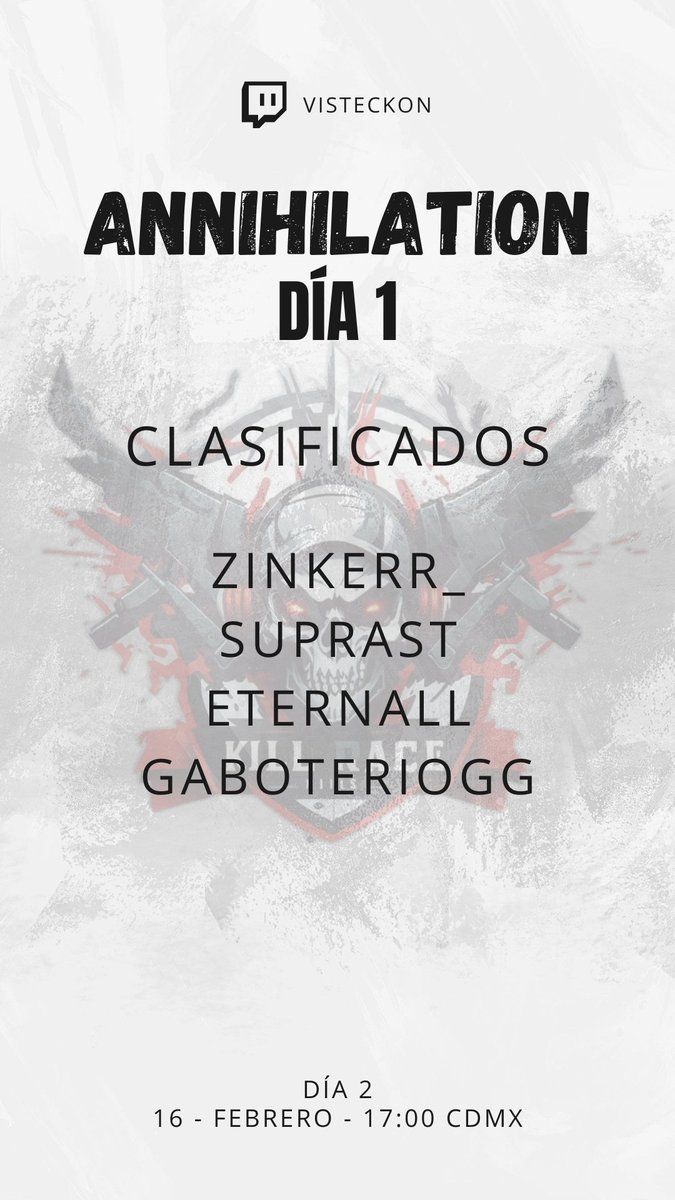 ElvisTeckGames's tweet photo. Concluyó el día 1 de la clasificación a ANNIHILATION y los primeros en entrar a la liga son @s_zinker @vEternall @GaboterioTV y Suprast! Esto va a estar bueno... 

Mañana clasifican 4 personas más!

#Annihilation #WarzoneStreamLeague https://t.co/nwWulHOtmU