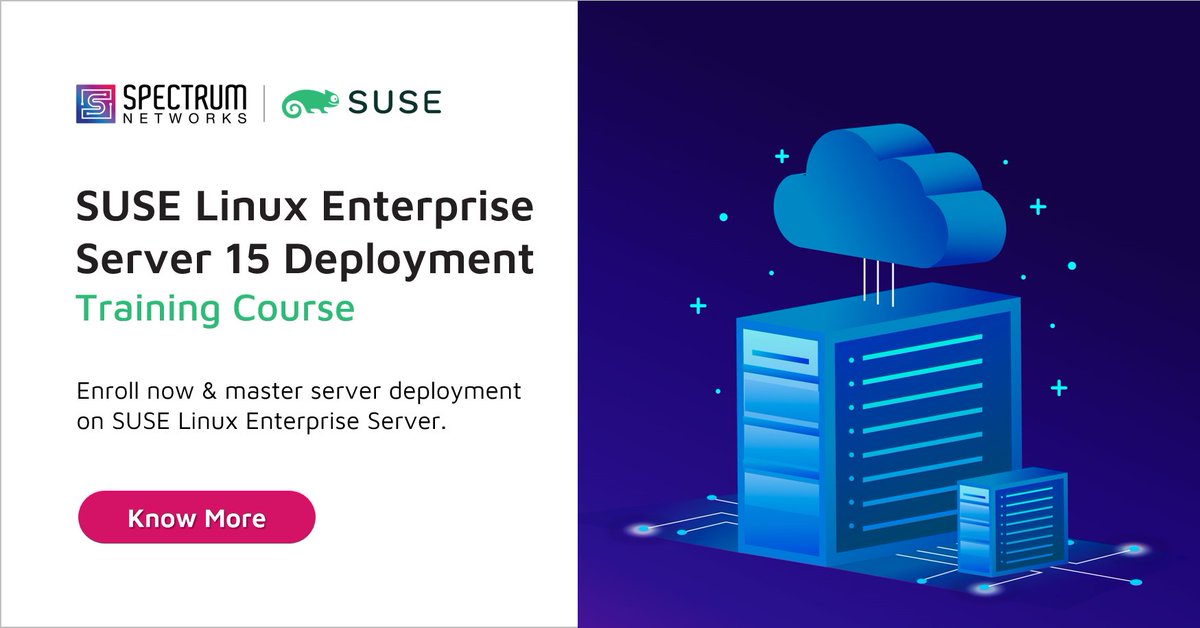 specntapac's tweet image. Elevate your deployment game with our "SUSE Linux Enterprise Server 15 Deployment" training course!
Contact us at apac.mc@specnt.com for more details.
Know More: shorturl.at/uCH68
#susecertification #suselinux #SLES15 #linuxtraining #Ittraining #suse #spectrumnetworks