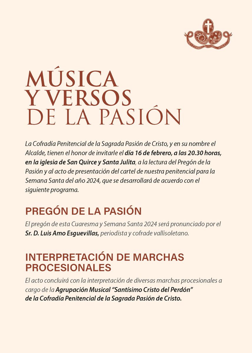 sagradapasion's tweet photo. MÚSICA Y VERSOS DE LA PASIÓN 2024
Hoy a las 20:30 h, Pregón de la Pasión a cargo de D.Luis Amo Esguevillas, presentación del cartel de la cofradía para esta Semana Santa,y para finalizar presentación de nuestra Agrupacion Musical"Santísimo Cristo del Perdón." https://t.co/7gQJZ0Ezyi