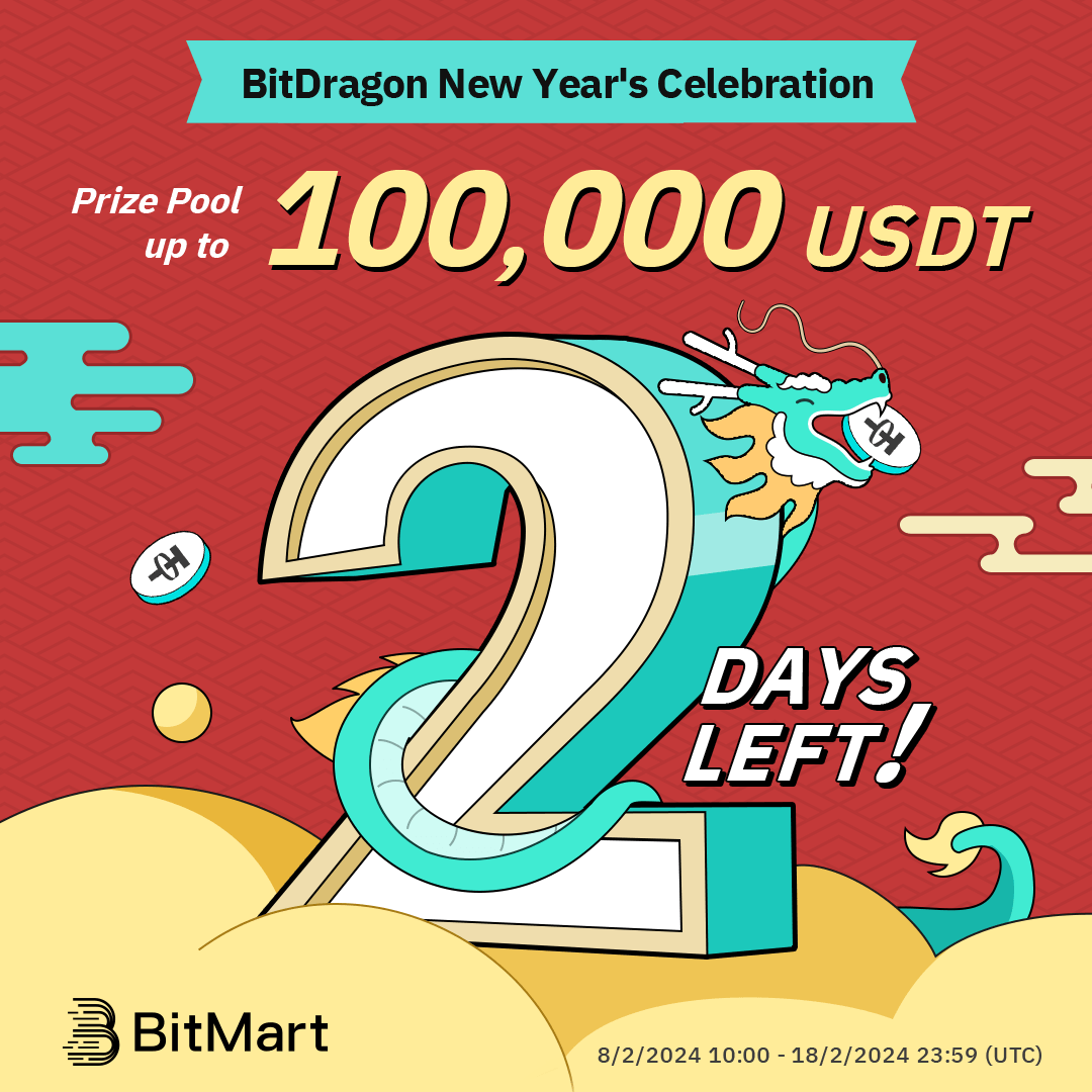 BitMartResearch's tweet photo. ⏳ Just 2 Days Left in the BitDragon New Year's Celebration!

🐉 Last Chance to Share in the 100,000 #USDT Prize Pool!

✅ Follow us, RT, @ 3 Friends + #BitDragon2024
✅ Join: https://t.co/ND3qqJApTk
✅ Unleash the Dragon at: https://t.co/qmLSc1KB1g
#BitDragon2024 #BitMart #LunarNewYear #BMX