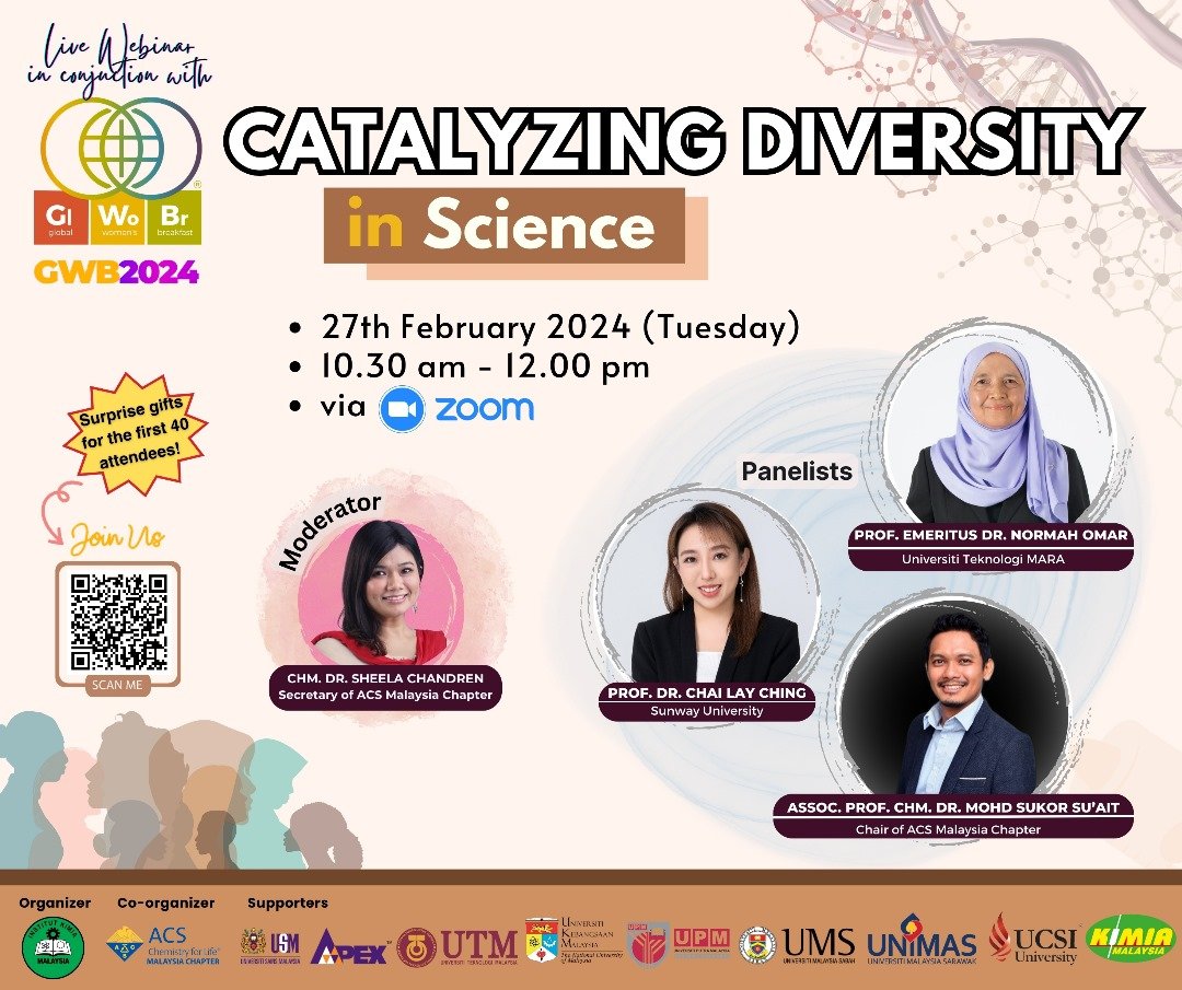 hooiling78's tweet photo. As part of @IUPACGWB2024, we are pleased to inform you that the Malaysian Institute of Chemistry (IKM) &amp; and American Chemical Society (ACS) Malaysia Chapter in collaboration with USM, UTM, UKM, UPM, UMS, UNIMAS dan UCSI will be organizing a joint panel talk as follows: https://t.co/C8NYOVvLRk
