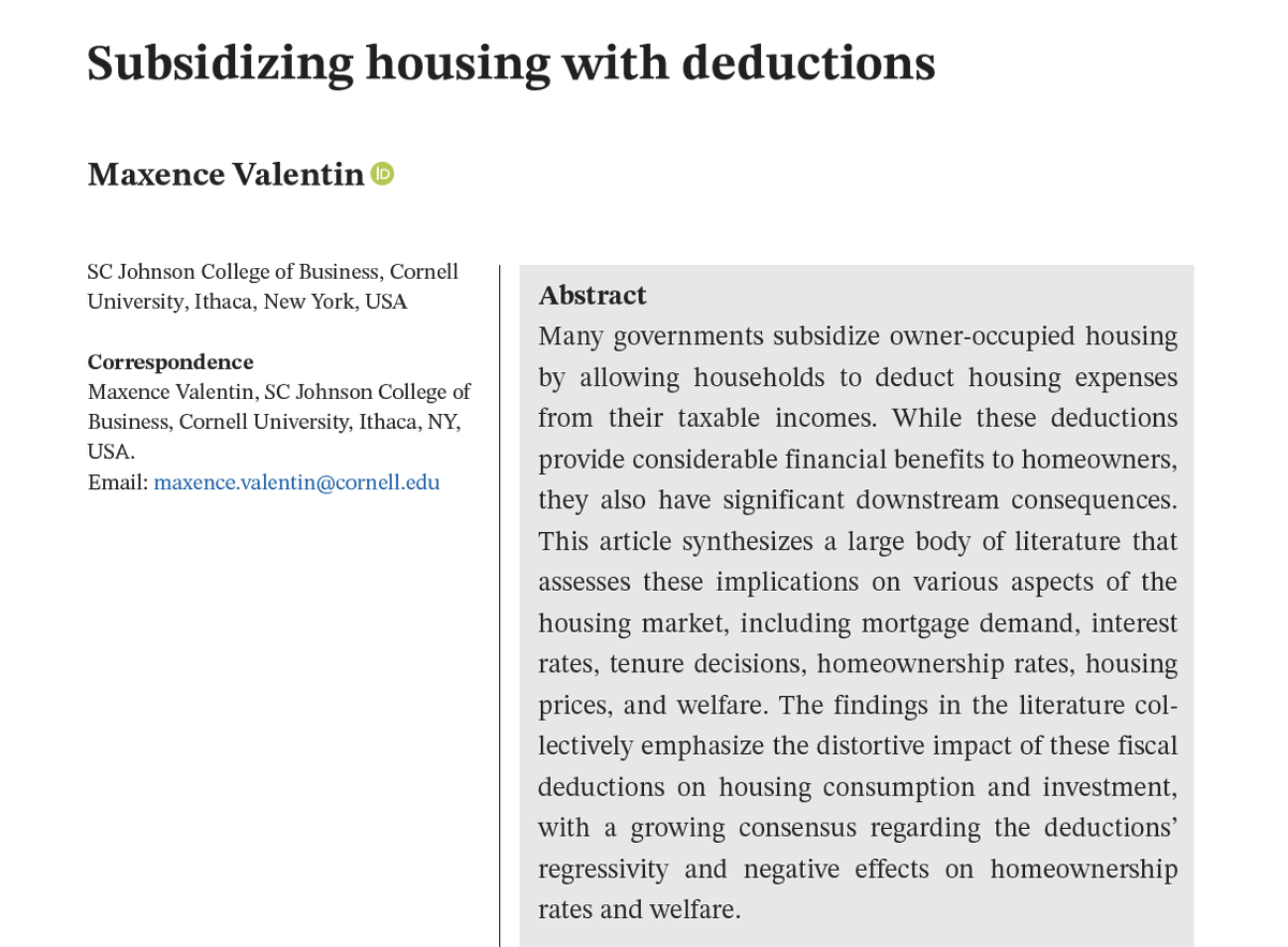 Revisión literatura académica que evalúa efectos desgravaciones fiscales a la vivienda concluye que:

1⃣ Son regresivas (ayudan más a los más ricos).
2⃣ Aumentan precios viviendas.
3⃣ No mejora tasas propiedad viviendas.
4⃣ Efectos negativos en bienestar.

onlinelibrary.wiley.com/doi/abs/10.111…