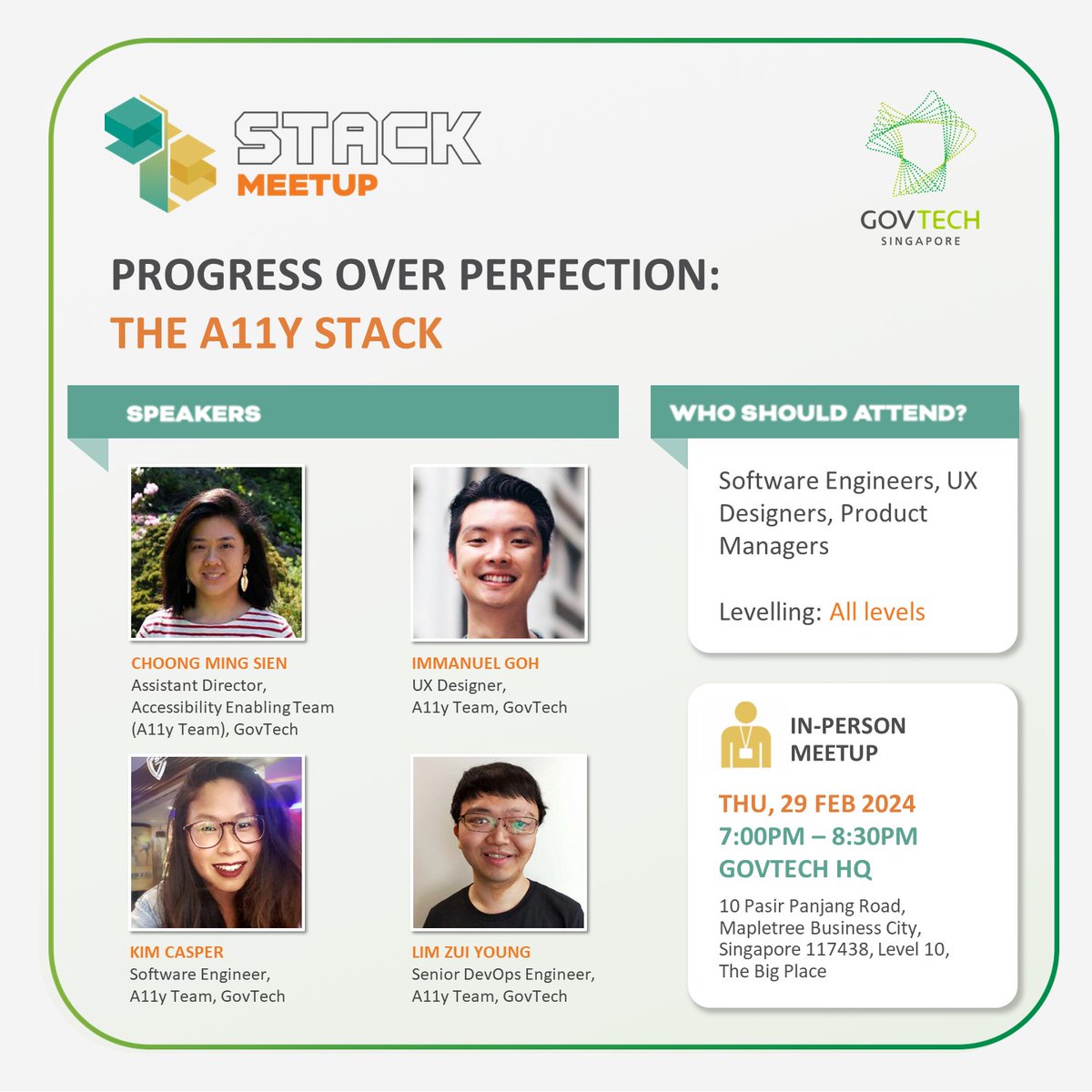 GovTechSG's tweet photo. Follow our GovTechies' journey in enhancing #DigitalAccessibility as we touch on the tech and tools used to drive #Diversity & #Inclusion across Singapore. See you at our first #STACKMeetup of 2024!
Register now at https://t.co/6nkOStbuwd https://t.co/kS2i5Jbzfb