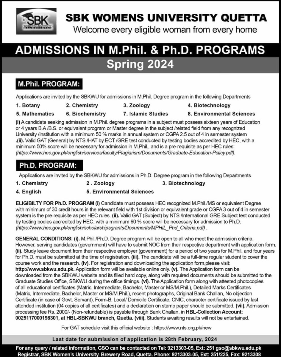 SBK Admissions Announced in M.Phil &amp; Ph.D Programs (Spring 2024)

Last date for Submission of Application Forms is 28th February 2024