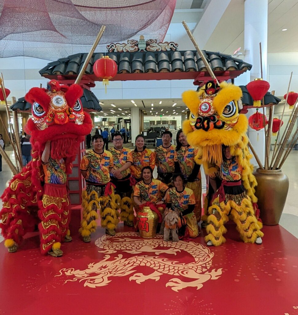 SFO Celebrates #LunarNewYear with performances from the West Coast Lion Dance Company! They will be performing until 6pm today 🧧🐲🐉

📍Terminal 2 near Alaska Lounge. 

#SFOCelebrates