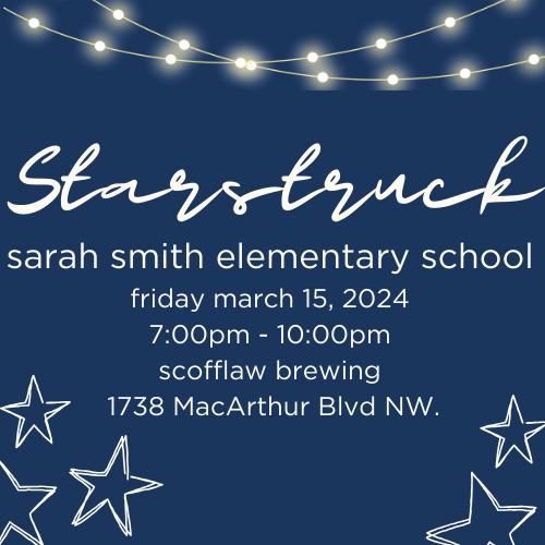 Save the date for Sarah Smith Starstruck

Friday March 15th, 2024 at Scofflaw Brewing

Starstruck is an adult evening for parents, teachers and administration to come together and celebrate Sarah Smith Elementary School.