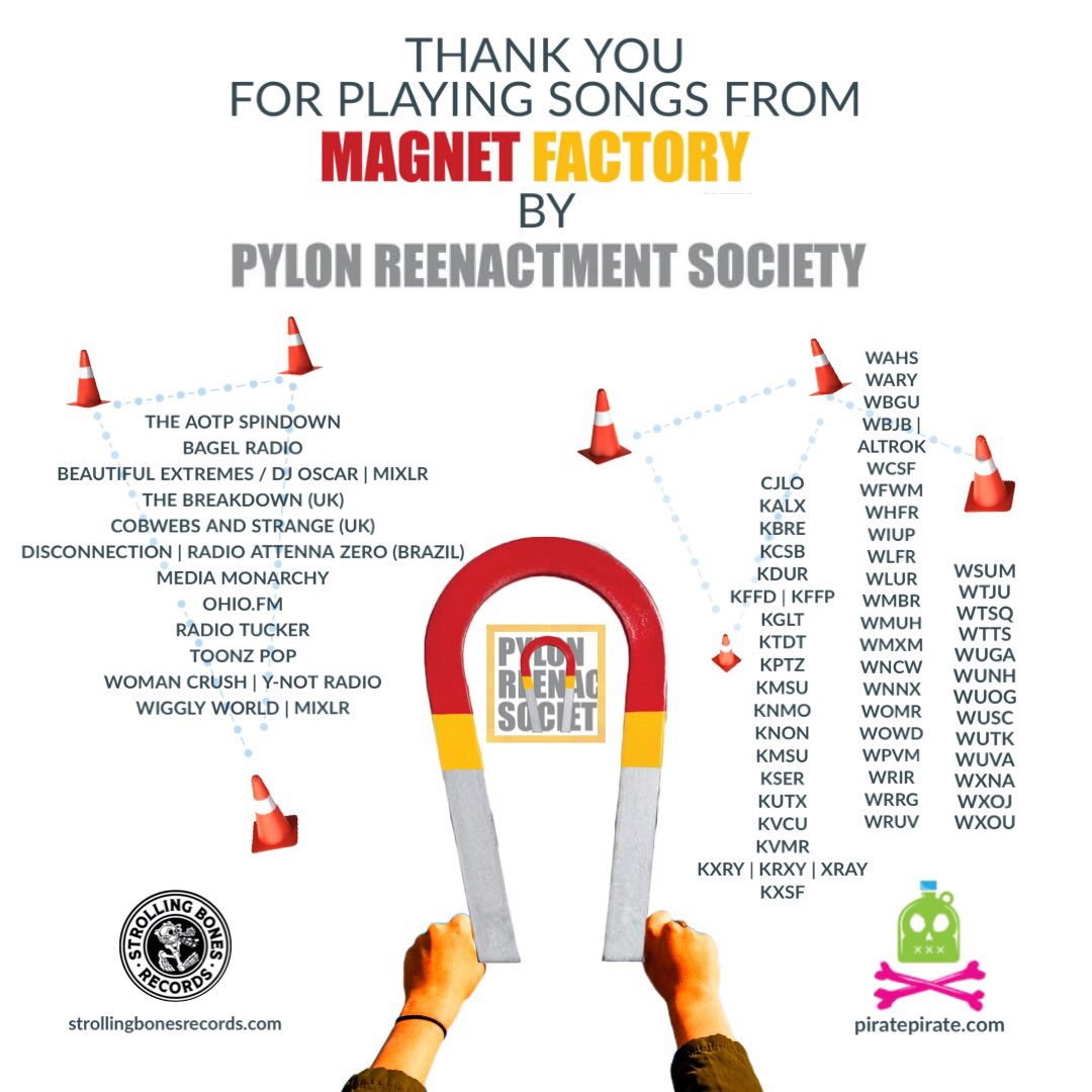 Pylongirl's tweet photo. Thanks to radio & podcasts who have played music from ‘Magnet Factory’ by Pylon Reenactment Society.
Thank you to our label @strollingbones_ & to @piratepirate who is doing our radio promo— & our friends & fans—for getting the word out about our album.
#NACCchart #collegeradio https://t.co/STEuMTTWol