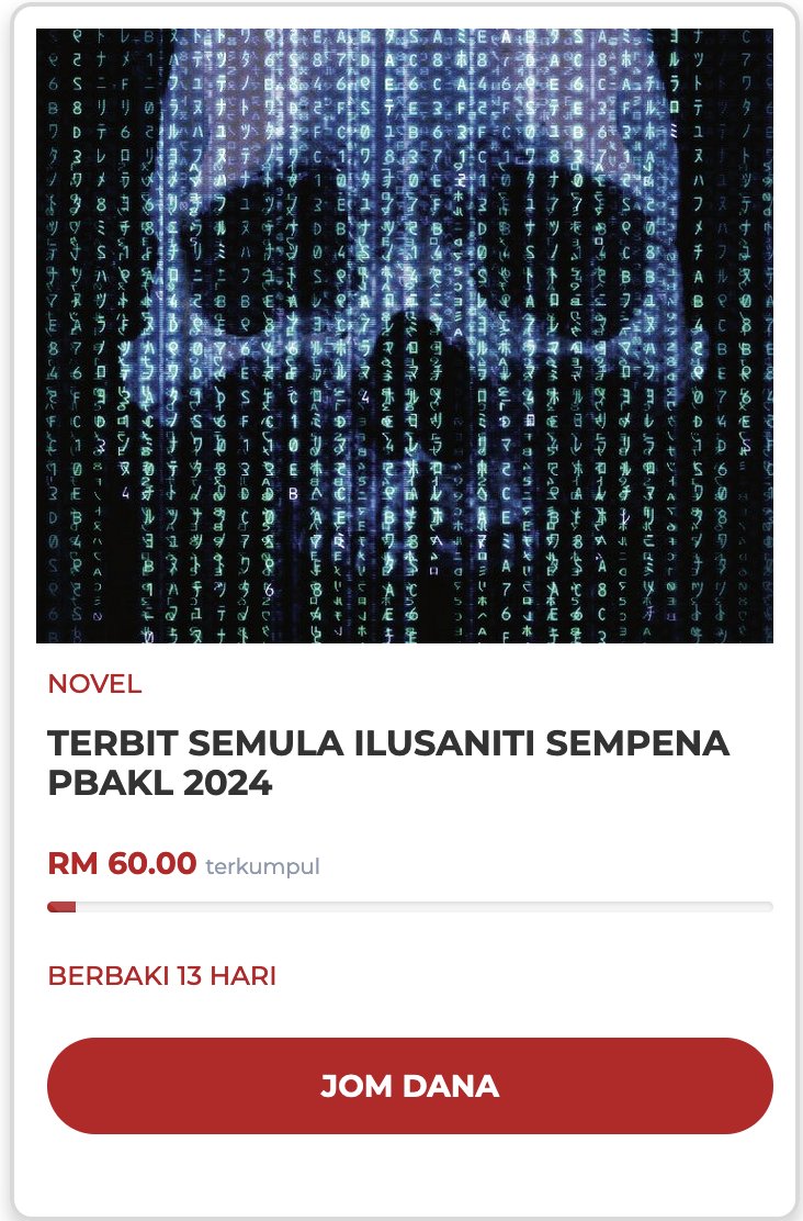 Ingin lihat #ILUSANITI oleh @adibzaini dicetak semula?

Kami sedang kerjasama dengan #Danabuku untuk ukur permintaan terhadap buku yang dah habis cetakan tapi mungkin boleh diterbit semula sempena PBAKL.

Jika anda ingin memiliki ILUSANITI cetakan ini, sila sokong kempen ini: