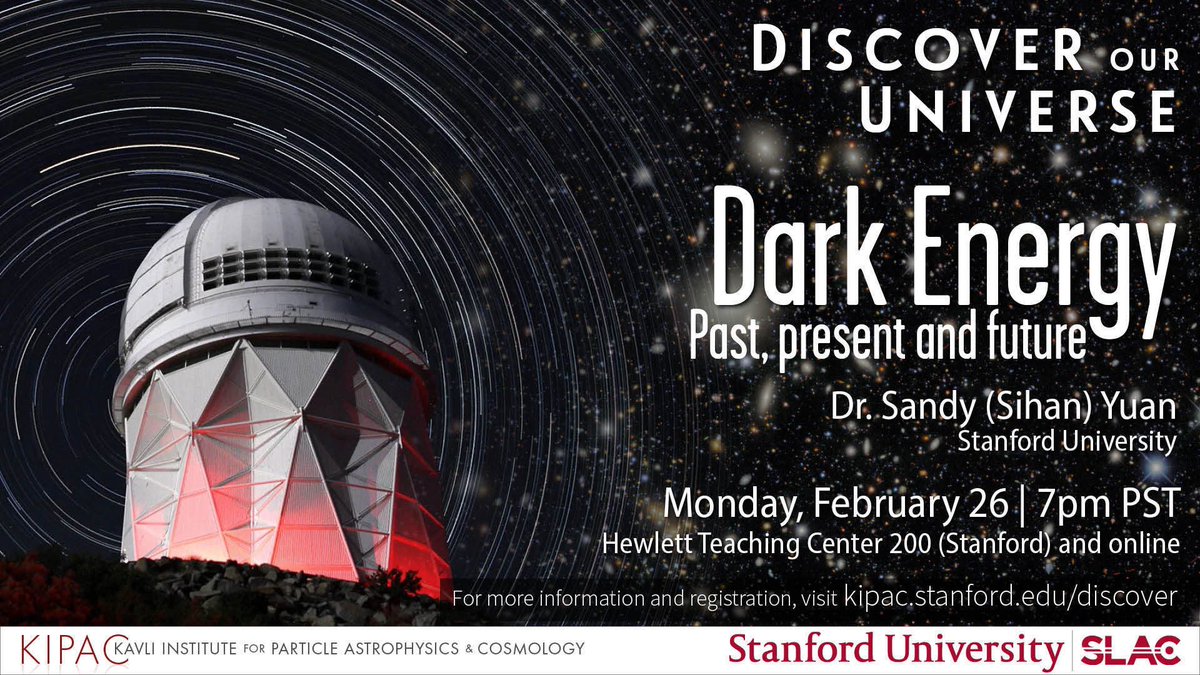 Mark your calendar for KIPAC’s public lecture on Feb. 26! Dr. Sandy Yuan will be discussing how we put constraints on Dark Energy using galaxy surveys. Register or get more information here: bit.ly/dark-energy-fe…