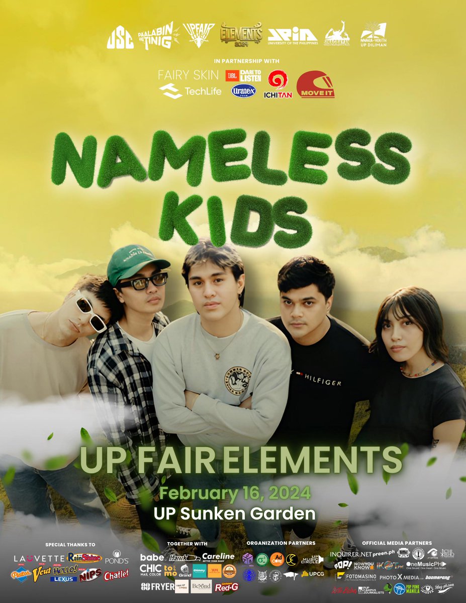 Catch @thenamelesskids at Elements 2024: UP Fair Friday @elements_upjpia TONIGHT, Feb16, UP Diliman Sunken Garden!

#NamelessKids #UPFairElements #UPFair2024 @tarsierrecords