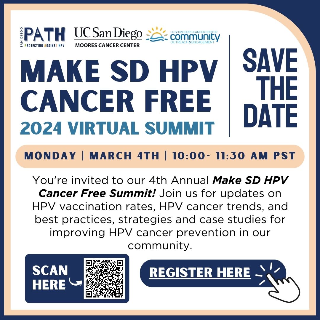 UCSDCancer_COE's tweet photo. Register today for our 4th Annual 'Make SD #HPV #Cancer Free'! https://t.co/ji2HyTJTtQ #InternationalHPVAwarenessDay #HPVCancerFree #PreteenVaxWeek2024 https://t.co/yQzvct3NPU