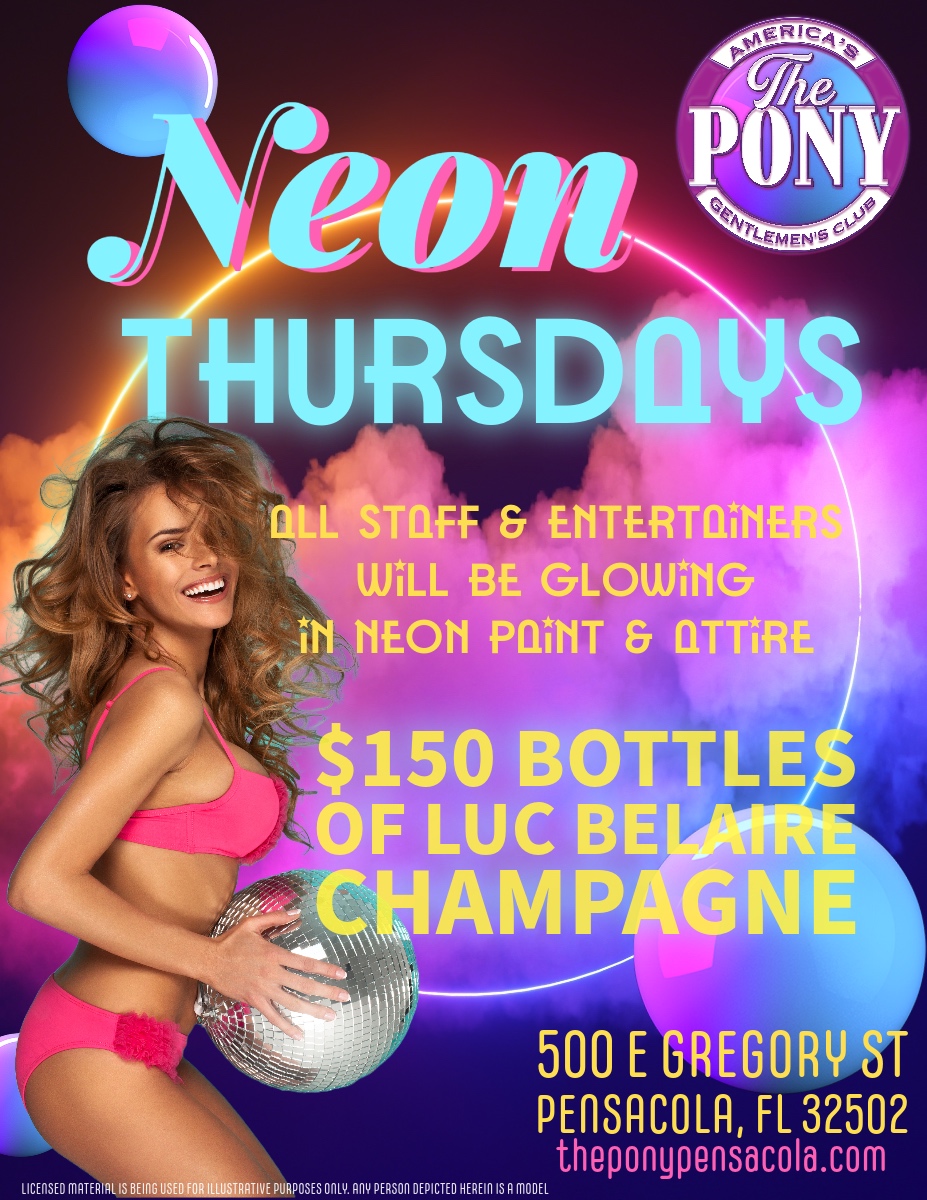 Come join us for NEON THURSDAYS at @PonyPensacola! We will be glowing in neon paint and bright, vibrant attire. 🤩 Get the party started with $150 bottles of Luc Belaire Champagne. 🥂 Let's light up the night! 
.
.
.
#ThePonyPensacola #NeonThursdays #LucBelaire