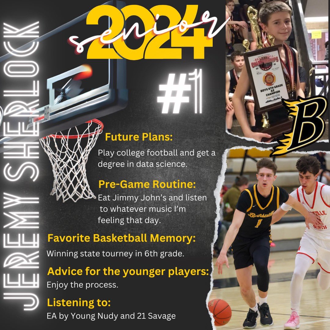 Jeremy Sherlock is one of our  #BlazeHoops #Classof2024 graduating seniors (and co-Captain)

A basketball highlight for Jeremy is winning the state tourney in 6th grade. 

His advice to younger players? “Enjoy the process.” 

Best wishes Jeremy and thank you for your leadership!