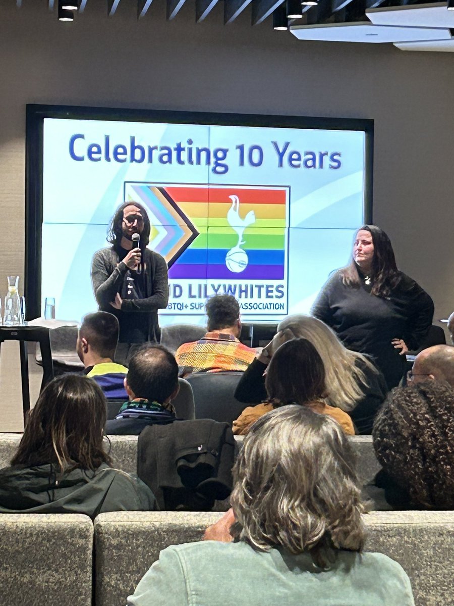 Wendy_James1's tweet photo. Fab evening @SpursOfficial to celebrate @SpursLGBT 10th bd. Great support from the club with @Ben_Davies33 @EllieBrazil and Lesley King. Football should be for everyone regardless of race, gender or sexuality and I’m super proud of my team for their support. 
#Proudlilywhites10 https://t.co/nTL5LsKEDh