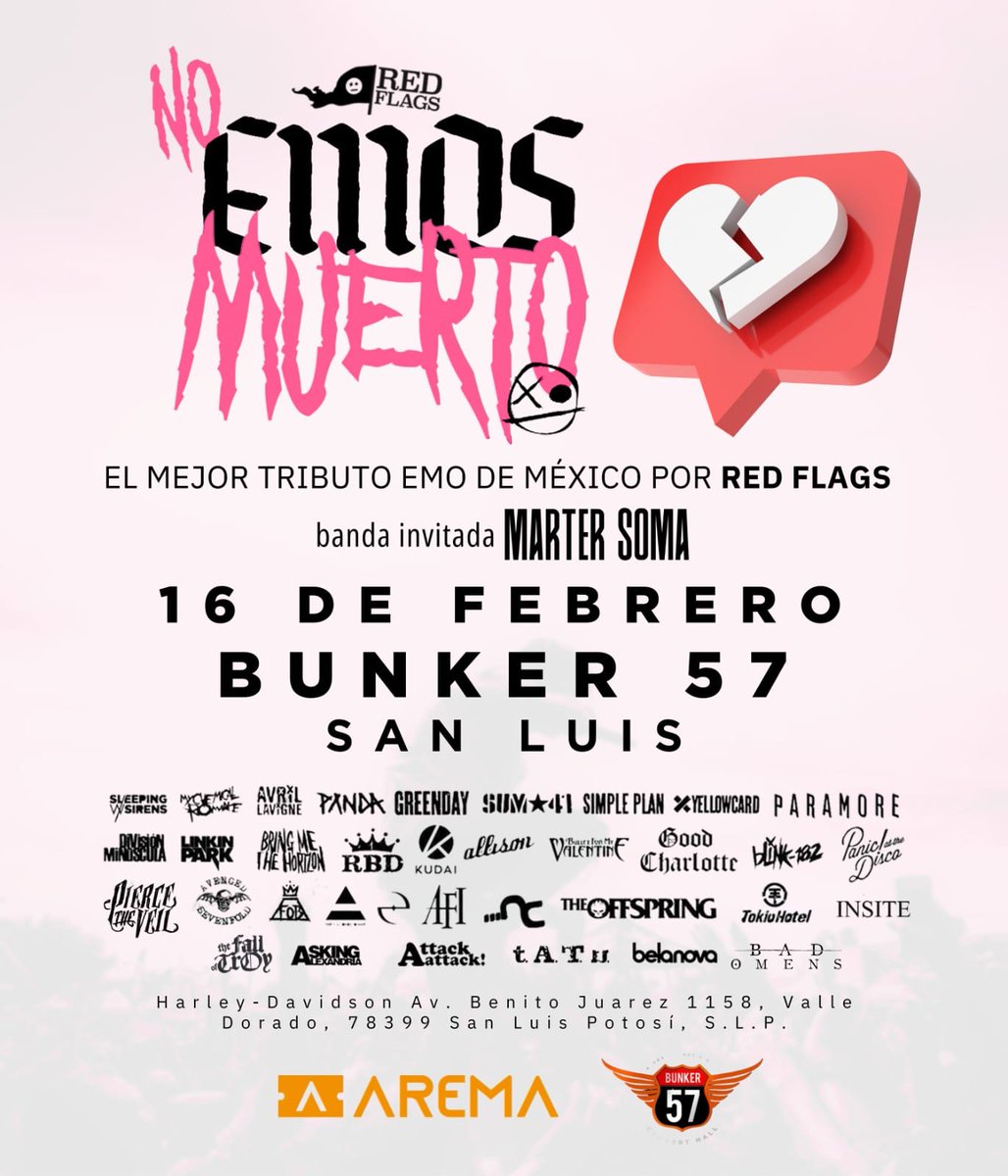 taken1968's tweet photo. #sanluispotosí regresa el mejor tributo emo de México 📷📷📷, #NoEmosMuerto con la mejor musica para llorar por desamores interpretado en vivo por @redflagsslw 📷📷📷
Ademas gran banda de lujo como invitados:
Marter Soma
informes 4442428642 https://t.co/SKpJg043Kc