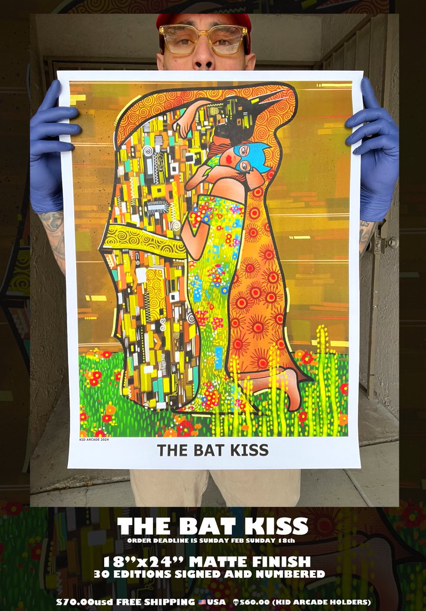 thekidarcade's tweet photo. if you are interested in one of these ๐ฆ๐ please DM by Sunday night, 30 editions. each signed and numbered๐ international available. #kidarcade #thebatkiss https://t.co/Ik23sNId2v