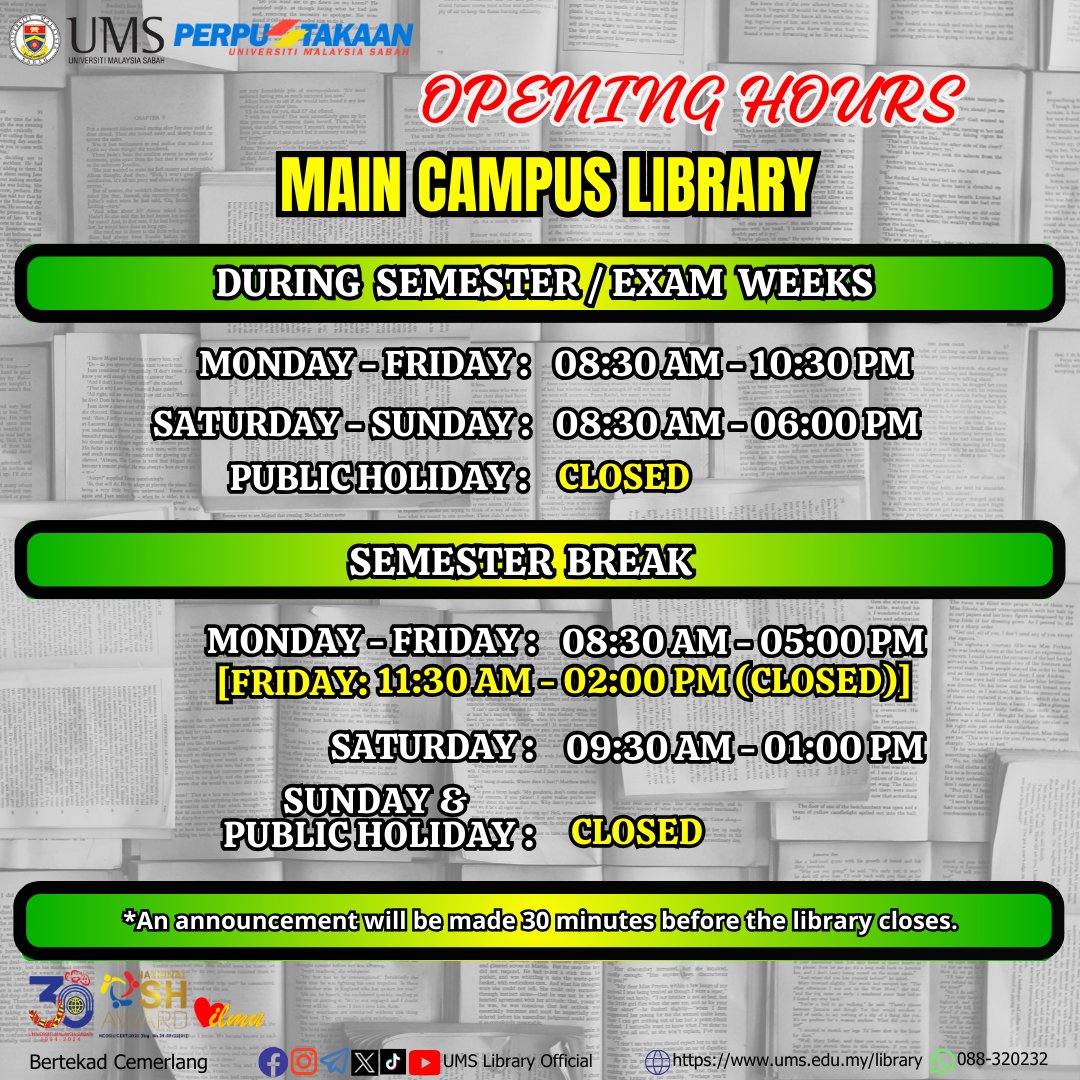 Lib_UMS's tweet photo. ⏱UNIVERSITI MALAYSIA SABAH LIBRARY OPENING HOURS [MAIN CAMPUS LIBRARY / MULTIMEDIA LIBRARY FKJ]

Visit the Universiti Malaysia Sabah Library's Social Media channel to get the latest info 📑

#LibraryOpeningHours #MainCampusLibrary #MultimediaLibraryFKJ #StayConnected #UMSLibrary https://t.co/wOi7fb2QKR