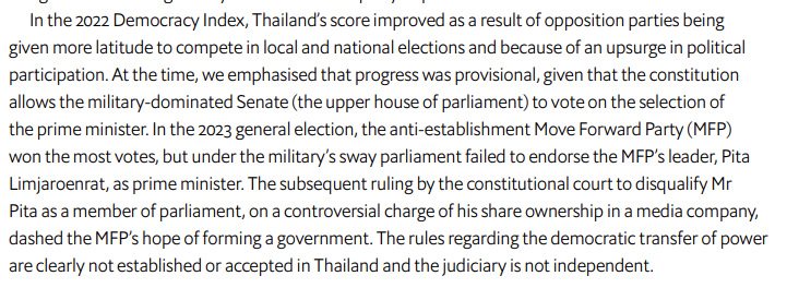 paritw92's tweet photo. เมื่อวานมีการเผยแพร่รายงาน Democracy Index ประจำปี 2023 ซึ่งเป็นการวัดความเป็นประชาธิปไตยของทุกประเทศทั่วโลกโดย EIU - ผลลัพธ์คือประเทศไทยตกลงทั้งคะแนนและลำดับ เมื่อเทียบกับปีที่แล้ว:
.
2022: คะแนน = 6.67 | อันดับ = 55th
2023: คะแนน = 6.35 | อันดับ = 63rd 
.
โดยในคำอธิบาย รายงานได้พูดถึงปัจจัยเรื่องบทบาทของ สว. แต่งตั้ง ที่ส่งผลต่อผลการเลือกนายกรัฐมนตรี ความเป็นอิสระของศาลรัฐธรรมนูญที่ถูกตั้งคำถาม และกติกาการเมือง (รัฐธรรมนูญ) ที่ยังไม่เป็นที่ยอมรับร่วมกัน
.
ผลลัพธ์นี้ยิ่งตอกย้ำถึงความสำคัญของภารกิจในการฟื้นฟูประชาธิปไตย รวมถึงการจัดทำร่างรัฐธรรมนูญฉบับใหม่ที่มีความชอบธรรมทางประชาธิปไตย
.
รายงาน Democracy Index 2023: https://t.co/KkEYqlGpda