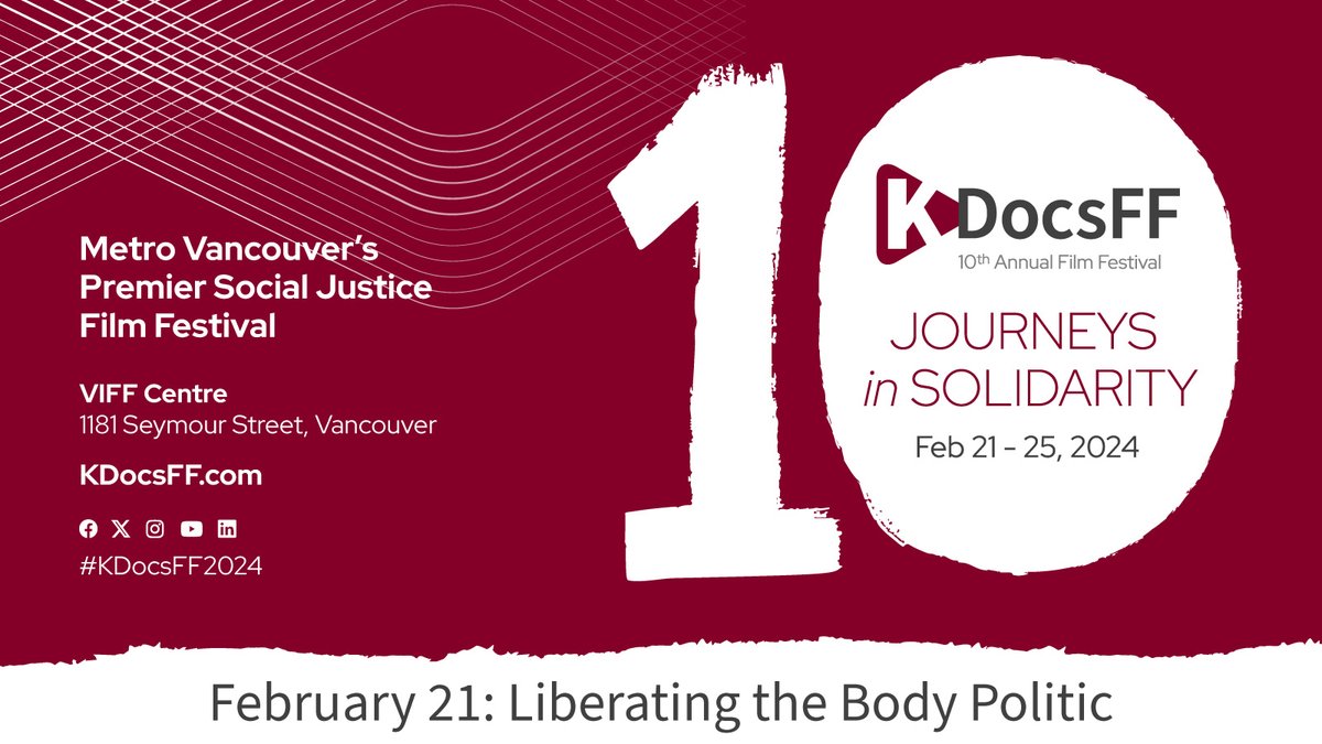 KDocsFF's tweet image. New @ #KDocsFF2024: DAILY THEMES
Feb 21: “Liberating the Body Politic,” exploring ethics/politics of body sovereignty/identity exploration, &amp;amp; impact of societal norms/biases on individuals navigating these challenges

Tix: viff.org/series/kdocsff…
Only $7/film or $50/festival pass
