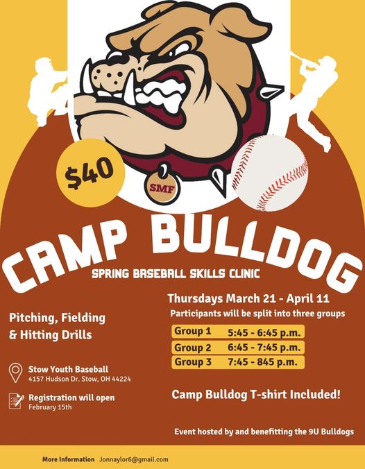 Camp Bulldog is coming back this spring!  Stow Youth Baseball and the 9U Stow travel team will be hosting a spring 2024 Camp Bulldog which will be focused on pitching, fielding and hitting.  For more info or to register, go to: stowbaseball.org/campbulldog